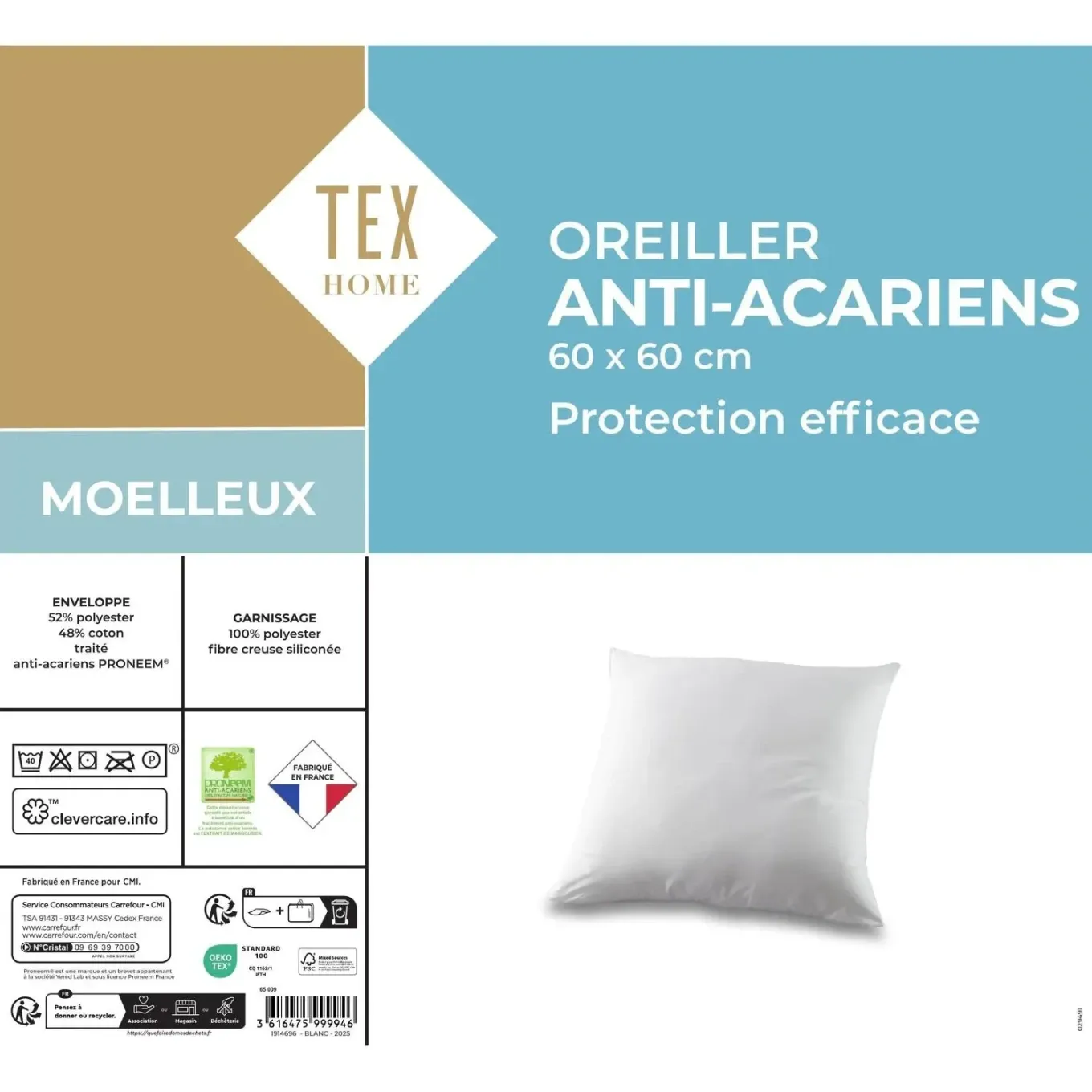Oreiller Moelleux Anti-acariens