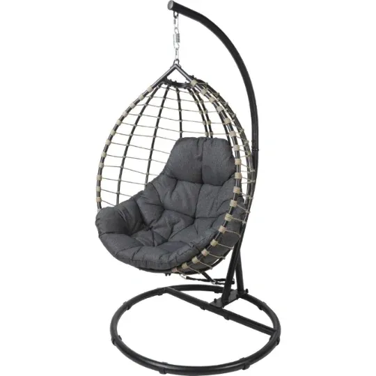 Fauteuil suspendu sur pied en fibre tressée avec coussin Siena gris